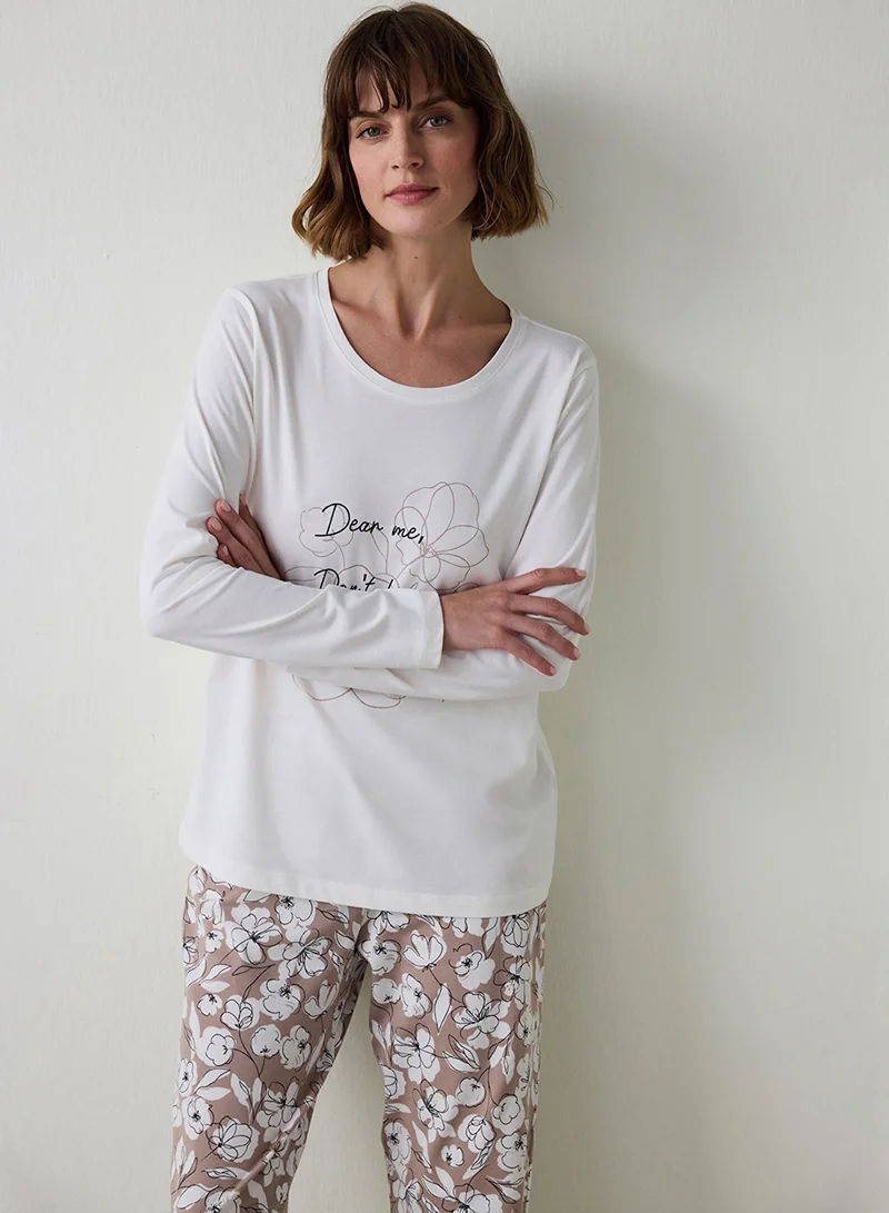 Penti Dear Me Slogan Printed Crew Neck Long Sleeve Cotton Pajama Set